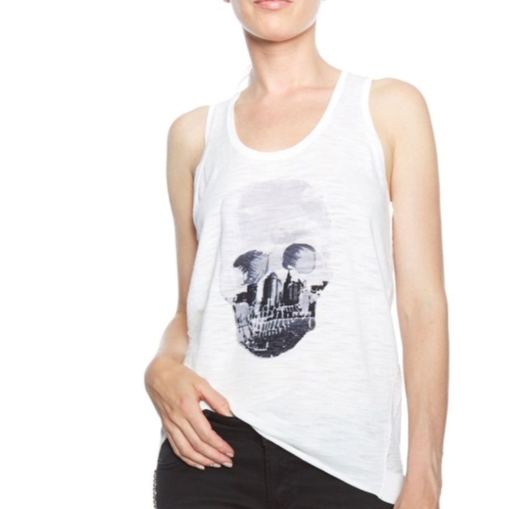 Skull Cashmere | White tank with city scape skull